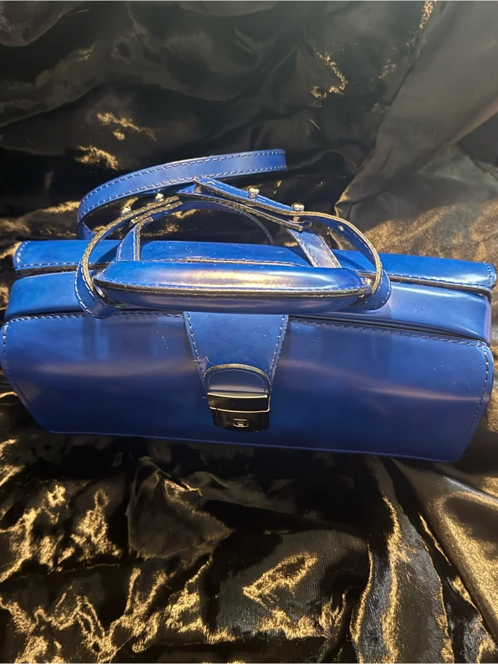 Pratesi Full Grain Leather Cobalt Top-Handle Satchel with Gold Clasp